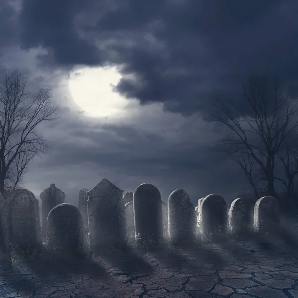 Halloween Concepto Noche Miedo Cementerio Terror Noche Con Luna Malvada —  Fotos de Stock