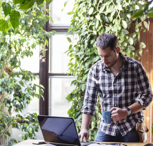 Primer Plano Del Hombre Negocios Disfrutar Trabajar Ordenador Agradable Estudio — Foto de Stock