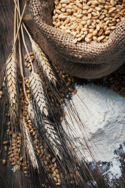 Vintage Still Life Organic Flour Whole Wheat Grain Retro Bag — Stock Photo, Image