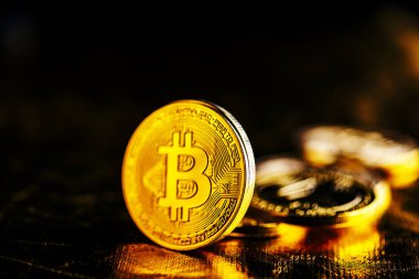 Altın bitcoin Btc cryptocurrency siyah ve altın arka plan üzerinde closeup. Sanal para ve blockchain kavramı.