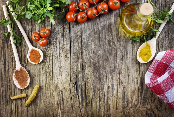 Top view of various food ingredients on vintage wooden table. — Stock Photo, Image