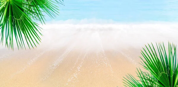 Letni Wakacyjny Projekt Tła Podróży Piaszczysto Morski Krajobraz Palmą Tropikalna — Zdjęcie stockowe