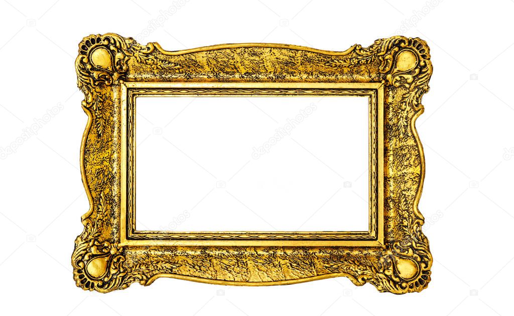 Vintage luxury golden frame with ornate baroque decoration isolated over white background. Retro fancy picture frame for interior design.
