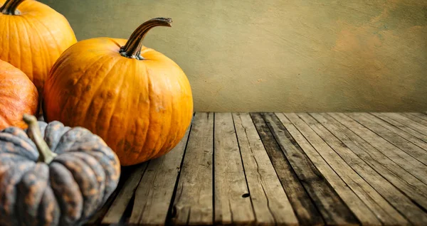 Autumn Pumpkins Still Life Vintage Wooden Table Rustic Background Thanksgiving — Stock Photo, Image