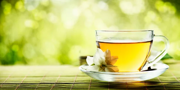 Herbal Cup Tea Wooden Table Nature Green Bokeh Background Space — Stock Photo, Image