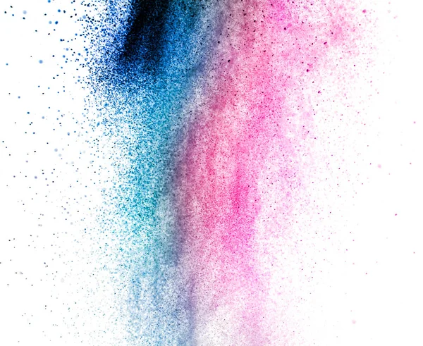 Color powder splash isolated on white background. Blue and purple dust explosion wallpaper. Abstract colorful neon cloud texture.