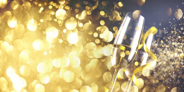 Två Champagneglas Med Gyllene Band Och Guldglitter Plask Bokeh Mörk — Stockfoto
