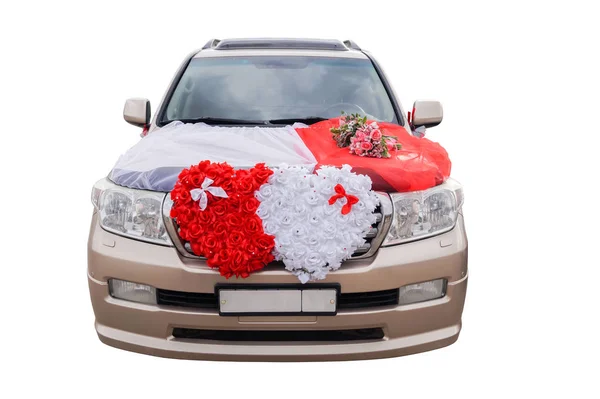 Das Hochzeitsauto Mit Blumen Auf Weißem Hintergrund — Stockfoto