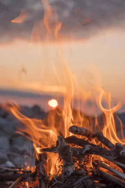 Tuli Palaa Lähellä Merta Auringonlaskun Aikaan — kuvapankkivalokuva