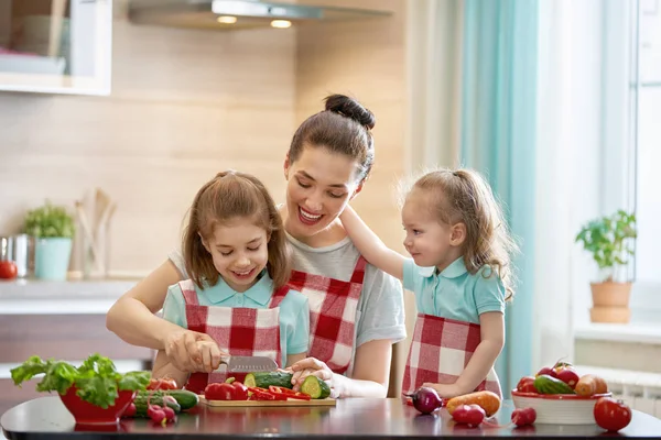 健康的食物在家里 幸福的家庭在厨房里 母亲和孩子的女儿们正在准备蔬菜 — 图库照片