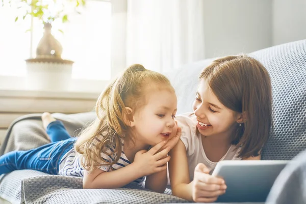 Cute Little Children Playing Tablet Happy Girls Home Funny Lovely — Stock Photo, Image