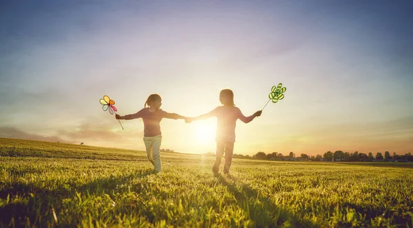 快乐的孩子们在夏天享受大自然的乐趣 孩子们在日落的背景下在草地上欢笑和玩耍 — 图库照片