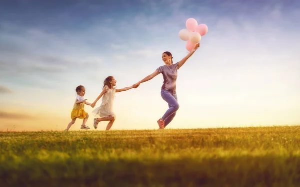 Happy Loving Family Having Fun Nature Summer Young Mother Two — Stock Photo, Image