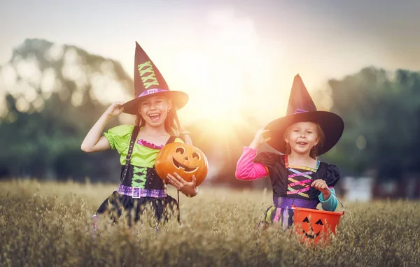 Happy Halloween Two Cute Little Laughing Girls Witches Costumes Cereal — Stock Photo, Image