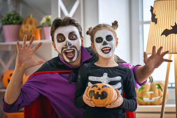 Happy Family Preparing Halloween Young Dad His Kid Carnival Costumes — Stock Photo, Image