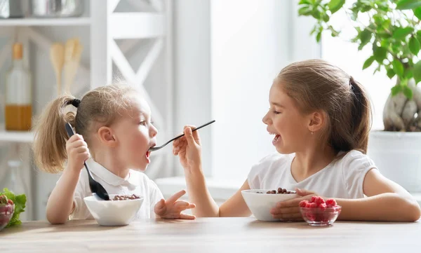 Dos Niños Desayunando Niños Comiendo Cereales Bayas Cocina — Foto de Stock