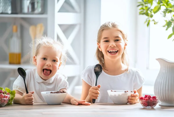 Dos Niños Desayunando Niños Comiendo Cereales Bayas Cocina — Foto de Stock