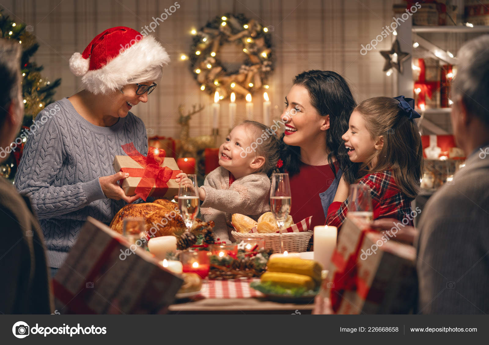 Merry Christmas Happy Family Having Dinner Home Celebration Holiday