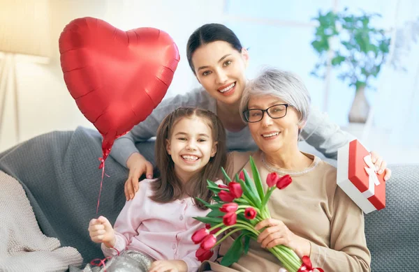 Happy Women Day Child Daughter Congratulating Mom Granny Giving Them — Stock Photo, Image