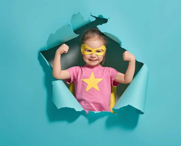 Little Child Playing Superhero Kid Background Bright Blue Wall Girl — Stock Photo, Image