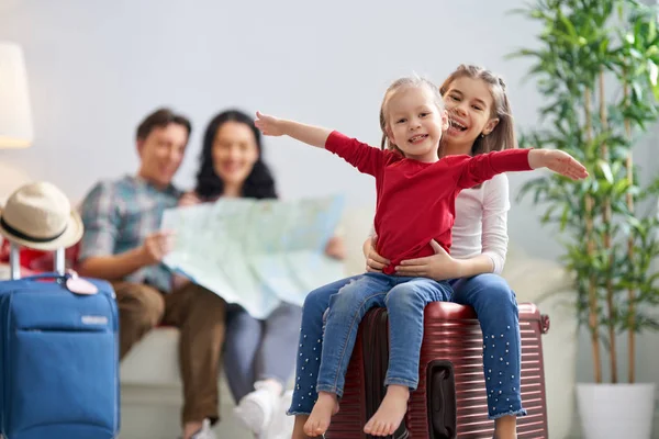 Adventure Happy Family Preparing Journey Mom Dad Daughters Packing Suitcases — Stock Photo, Image