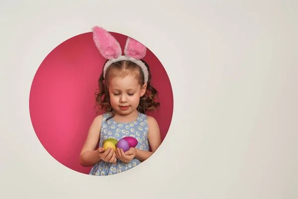 Cute Little Child Wearing Bunny Ears Easter Day Girl Painted — Stock Photo, Image