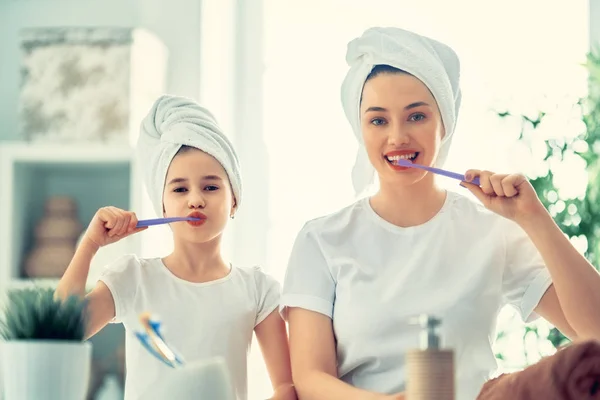 Happy Family Mother Daughter Child Girl Brushing Teeth Toothbrushes Bathroom — Stock Photo, Image