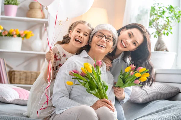 Happy Women Day Child Daughter Congratulating Mom Granny Giving Them — Stock Photo, Image