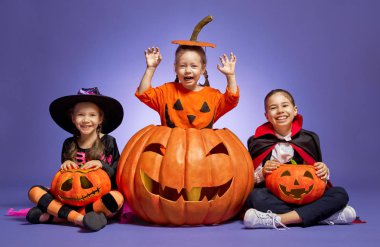 küçük cadı, Dracula ve mor arka plan üzerinde kabak