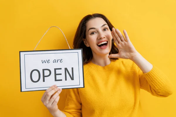 Small Business Owner Smiling Holding Sign Reopening Place Quarantine Due — Stock Photo, Image