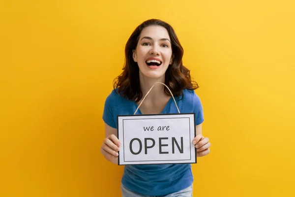 Small Business Owner Smiling Holding Sign Reopening Place Quarantine Due — Stock Photo, Image