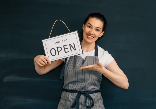 Small Business Owner Smiling Holding Sign Reopening Place Quarantine Due — Stock Photo, Image