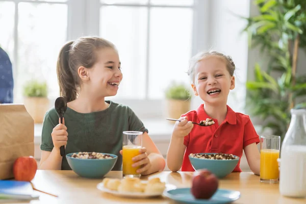 Happy Children Having Breakfast Kids Eating Cereal Kitchen — Stock Photo, Image