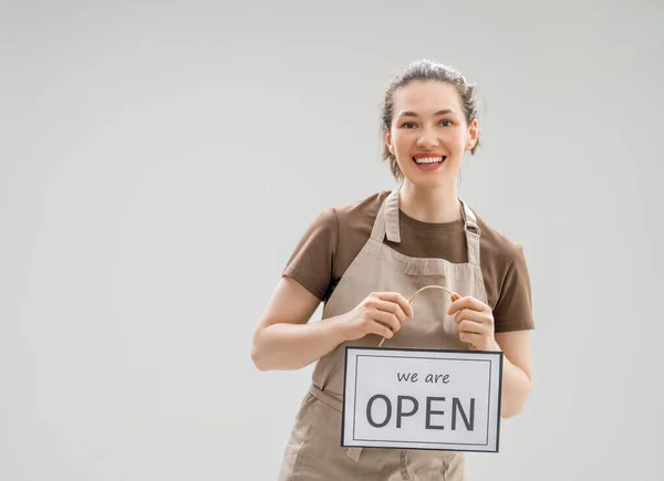 Small Business Owner Smiling Holding Sign Reopening Place Quarantine Due — Stock Photo, Image