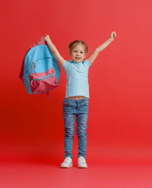 Vuelta Escuela Tiempo Feliz Lindo Niño Industrioso Sobre Fondo Pared —  Fotos de Stock