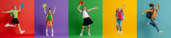 Torna Scuola Buon Divertimento Collage Cinque Bambini Sfondo Colorato Parete — Foto Stock