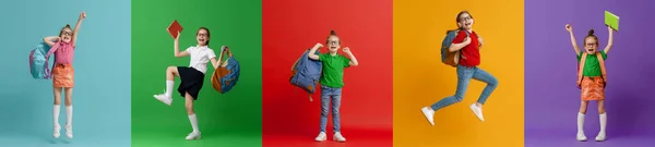 Torna Scuola Buon Divertimento Collage Cinque Bambini Sfondo Colorato Parete — Foto Stock