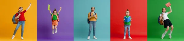 Terug Naar School Gelukkige Tijd Collage Van Vijf Kinderen Kleurrijke — Stockfoto