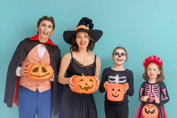 Mother Father Kids Having Fun Party Happy Family Celebrating Halloween — Stock Photo, Image