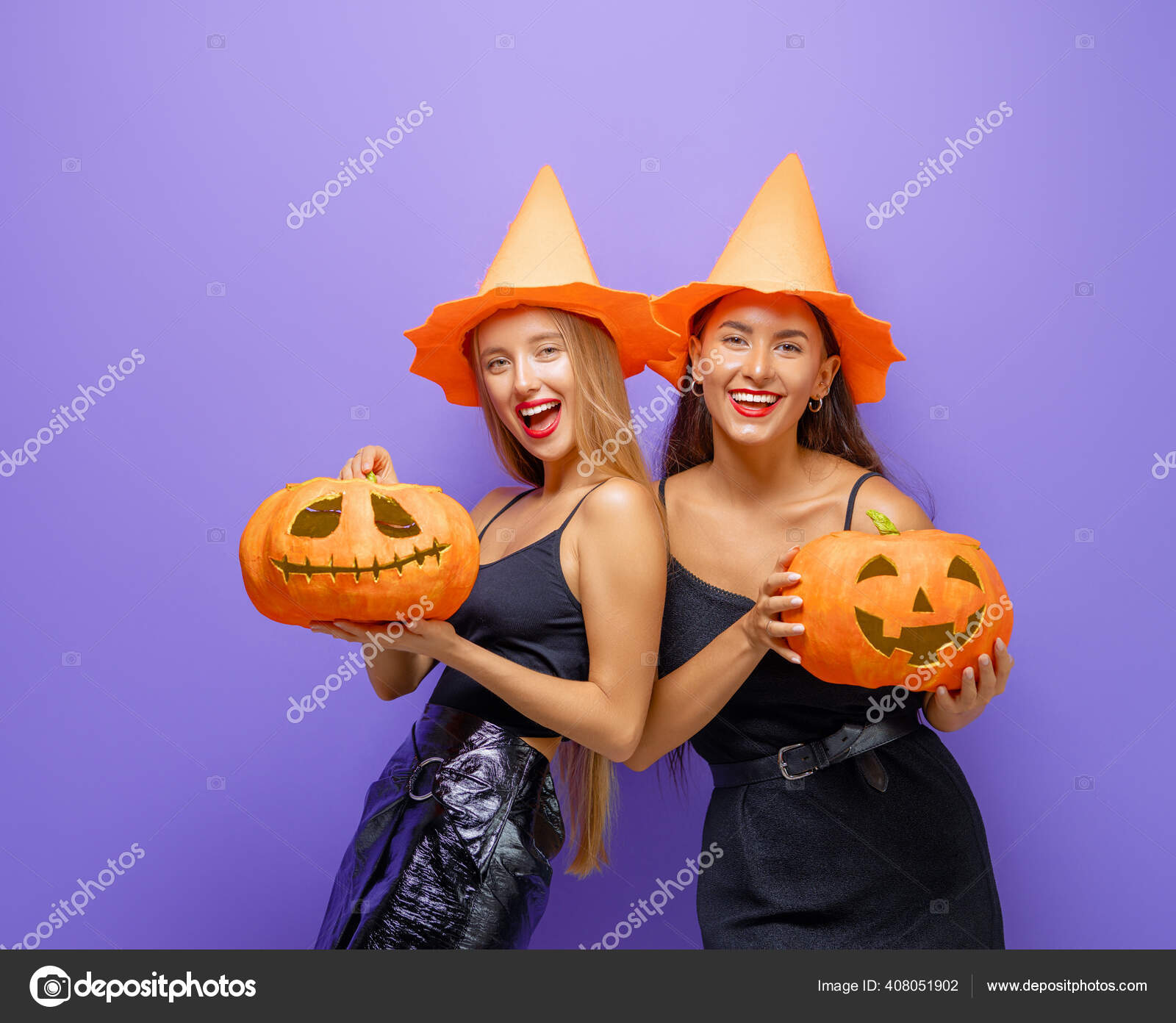 Glædelig Halloween Unge Kvinder Sort Heks Med Græskar Fest Stock-foto ©