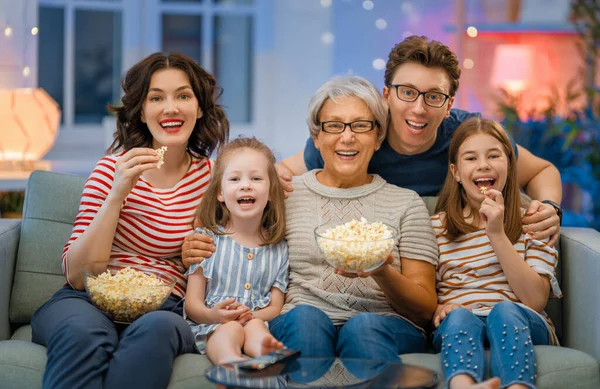 Happy Family Watching Projector Movies Popcorn Evening Home Granny Mother — Stock Photo, Image