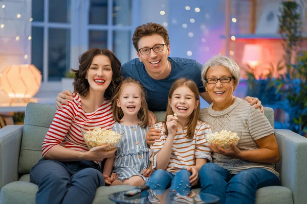 Happy Family Watching Projector Movies Popcorn Evening Home Granny Mother — Stock Photo, Image