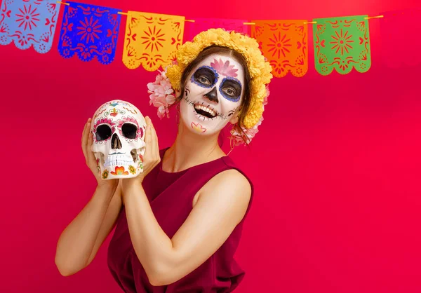 Adorable Zombie Flower Wreath Posing Red Background Happy Woman Halloween — Stock Photo, Image