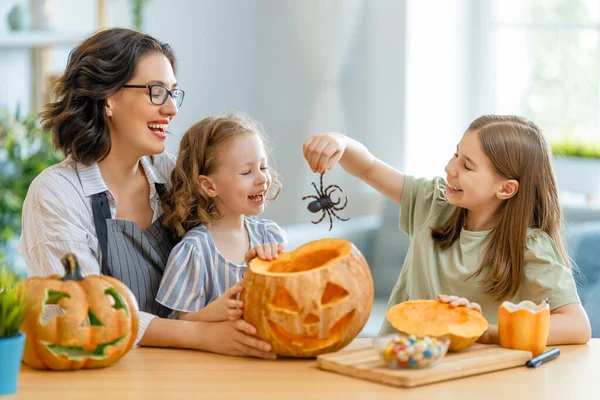 Happy Family Preparing Halloween Mother Child Carving Pumpkins Home — Stock Photo, Image