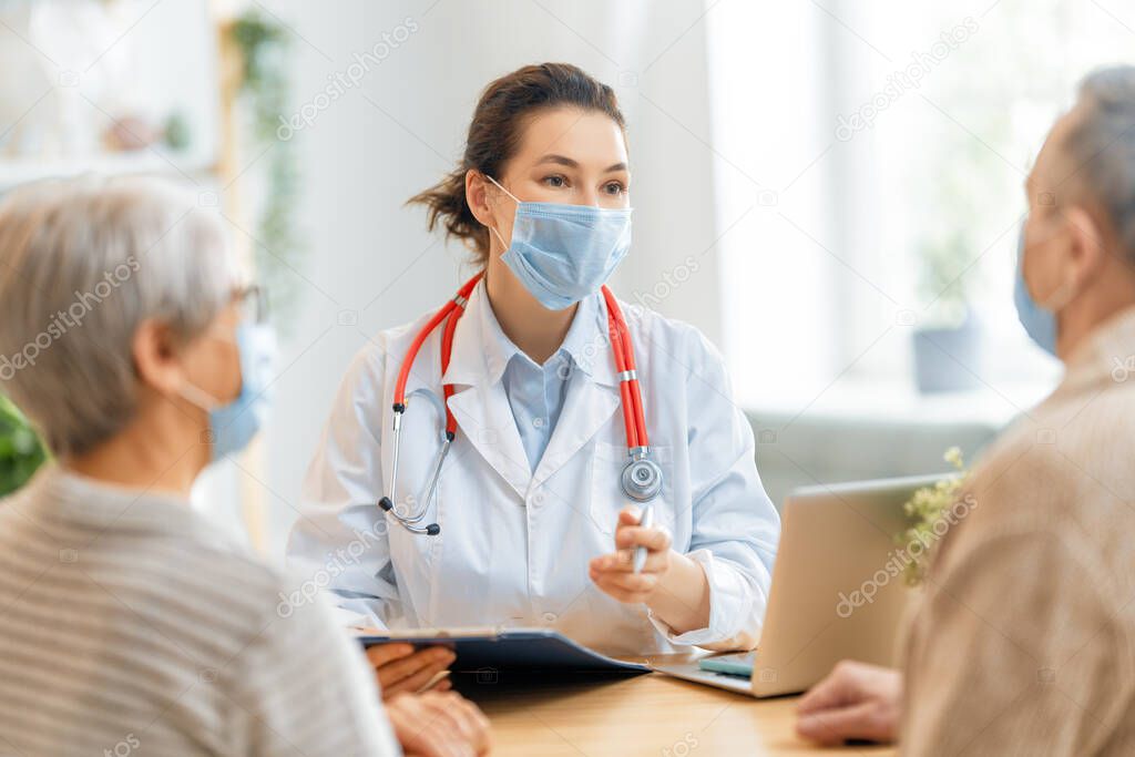 Doctor and senior couple wearing facemasks during coronavirus and flu outbreak. Virus protection, home quarantine. COVID-2019. Taking on masks.