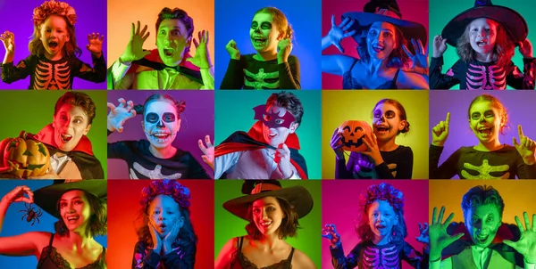 Grattis Halloween Collage Porträtt Människor Karneval Kostymer Fest Färgglada Belysning — Stockfoto