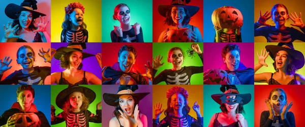 Feliz Halloween Collage Retratos Personas Disfraces Carnaval Fiesta Iluminación Colorida —  Fotos de Stock