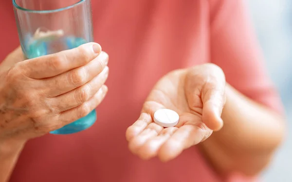 Senior Woman Holding Pill Glass Fresh Water Taking Medicine Headache — Stock Photo, Image