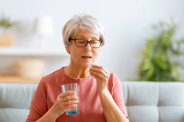 Senior Woman Holding Pill Glass Fresh Water Taking Medicine Headache — Stock Photo, Image