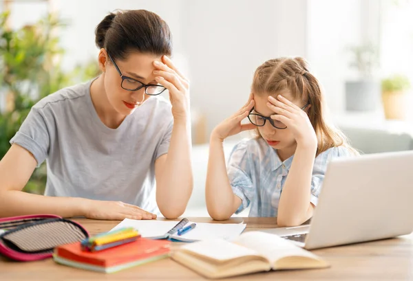 Back School Unhappy Child Adult Sitting Desk Girl Doing Homework — Stock Photo, Image